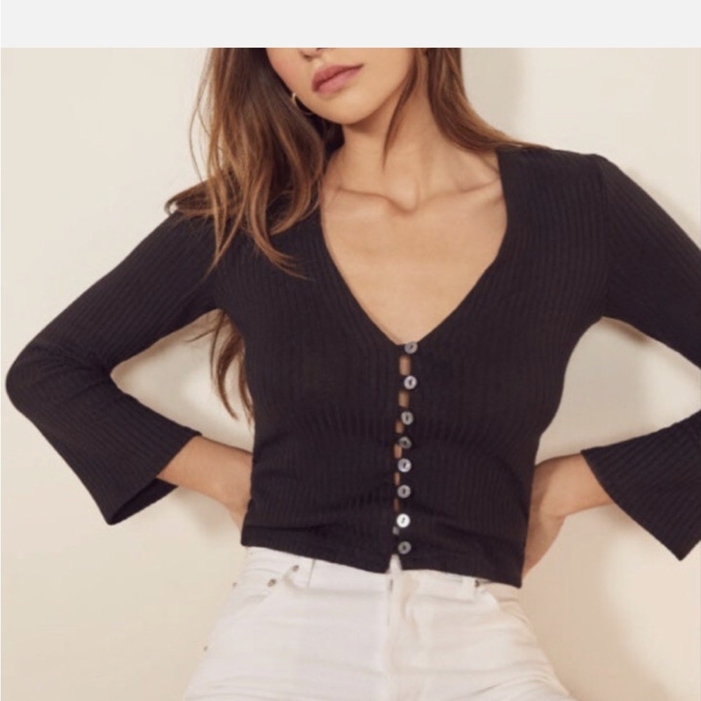 Reformation Black Ribbed Button-Up Blouse
